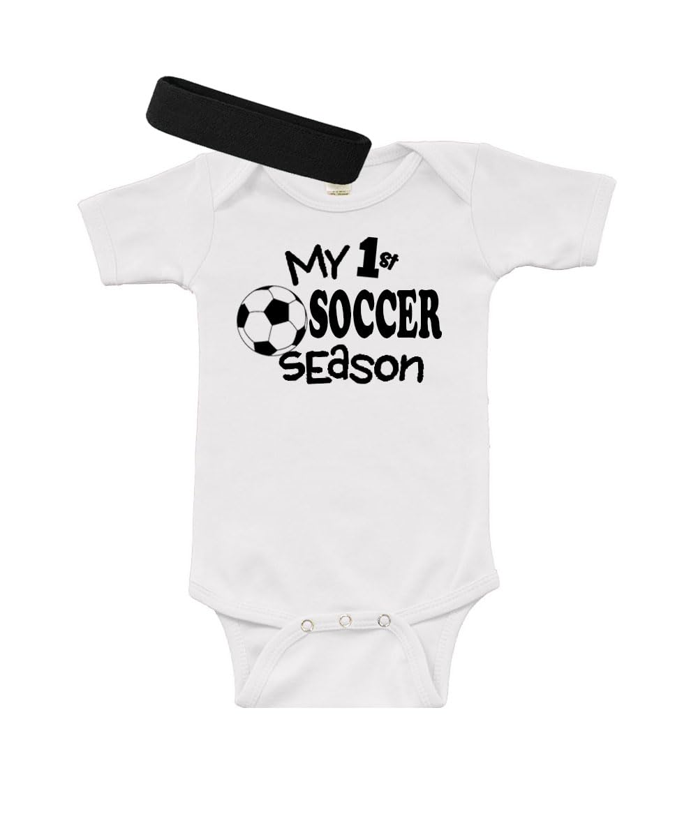 PandoraTees My 1st Soccer Season Baby Bodysuit and Headband Outfit Set, Short Sleeve, Infant gift