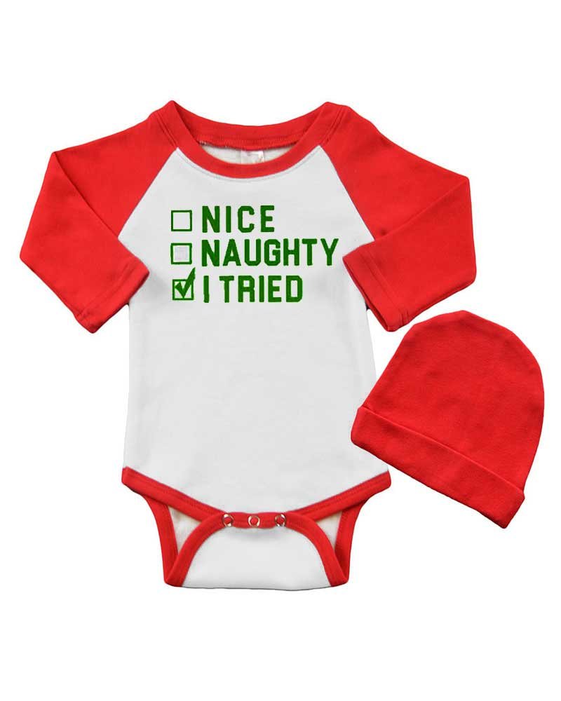 Long Sleeve Raglan Bodysuit/Cap Set - Nice,Naughty,I Tried