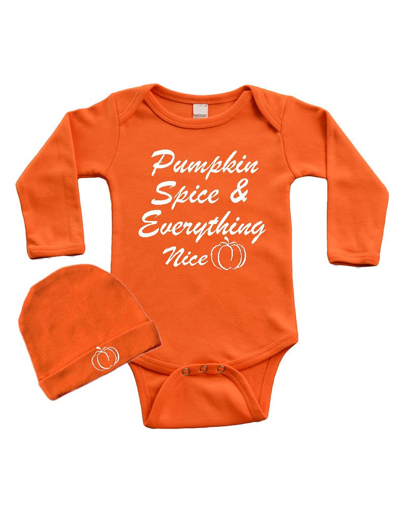 PandoraTees Infant Long Sleeve Onesie & Cap Set - Pumpkin Spice & Everything Nice