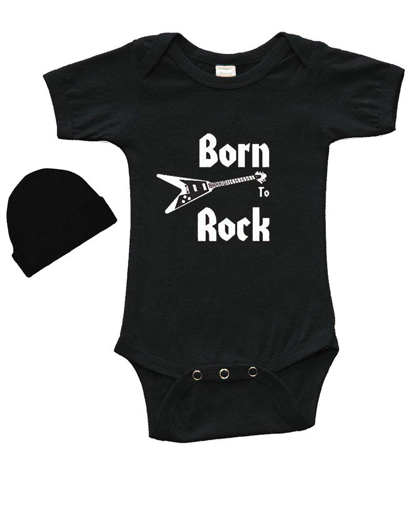 PandoraTees Infant Short Sleeve Baby Bodysuit & Cap Set -Born to Rock
