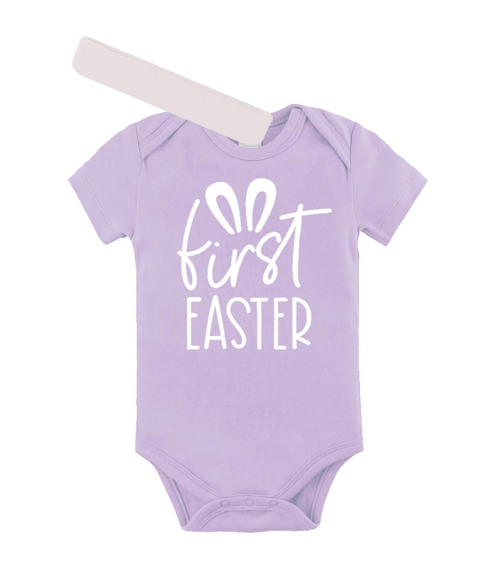 PandoraTees My First Easter Baby Bodysuit with Headband, Short Sleeve Infant One-Piece, Bunny Ears Graphic