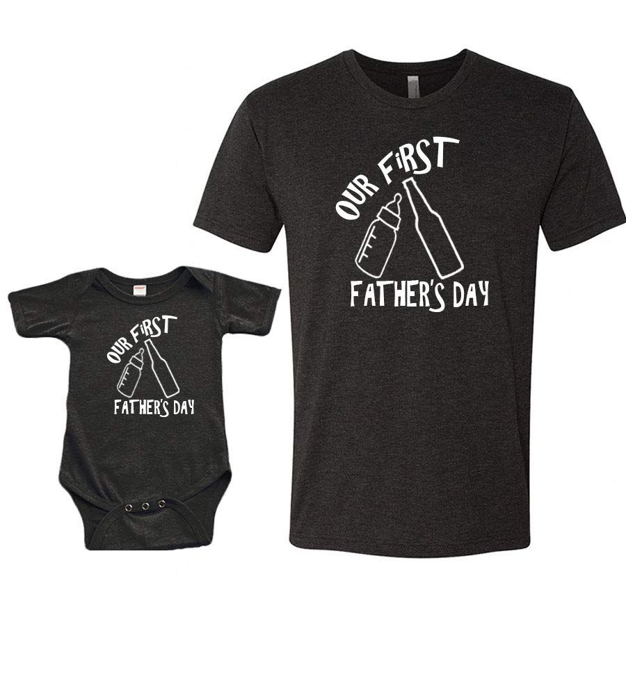 PandoraTees Our First Fathers Day Matching Gift Set, Father's Day Gift, Fun Tshirt for Dad and Baby - Cheers