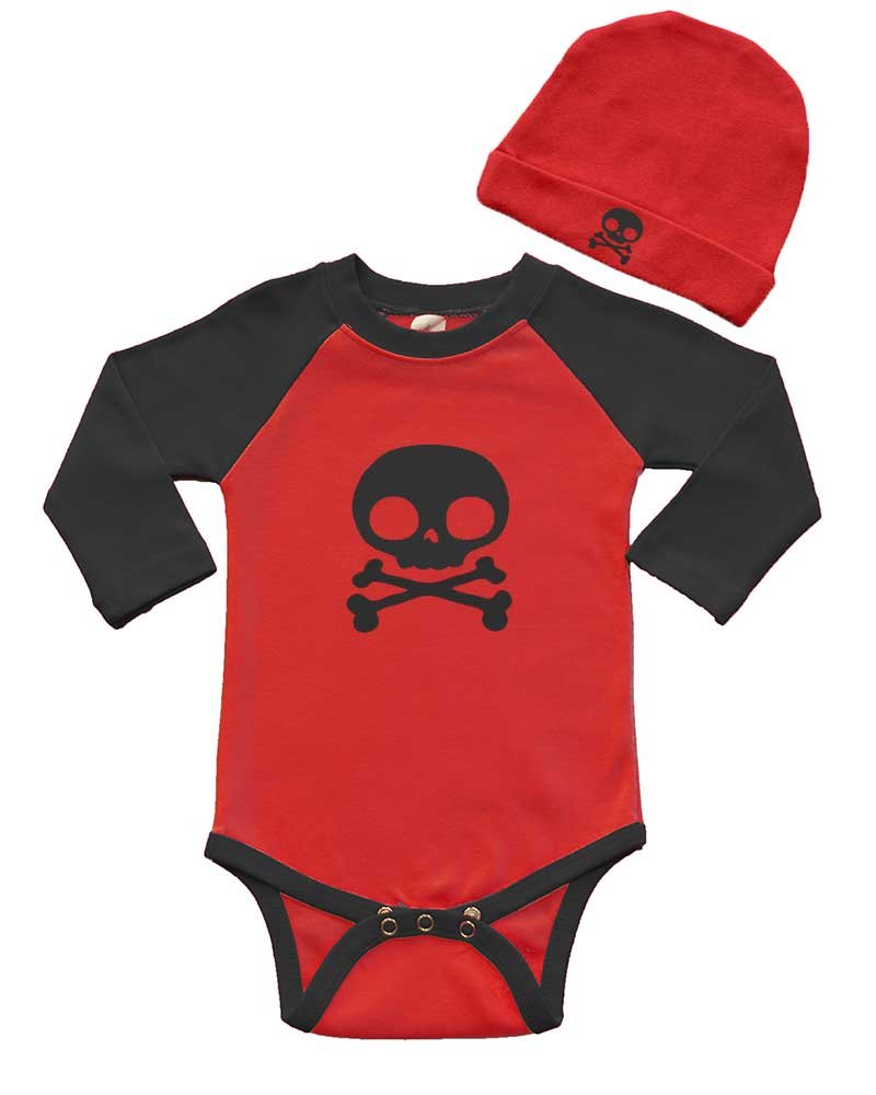 Long Sleeve Raglan Bodysuit and Cap Set - Skull