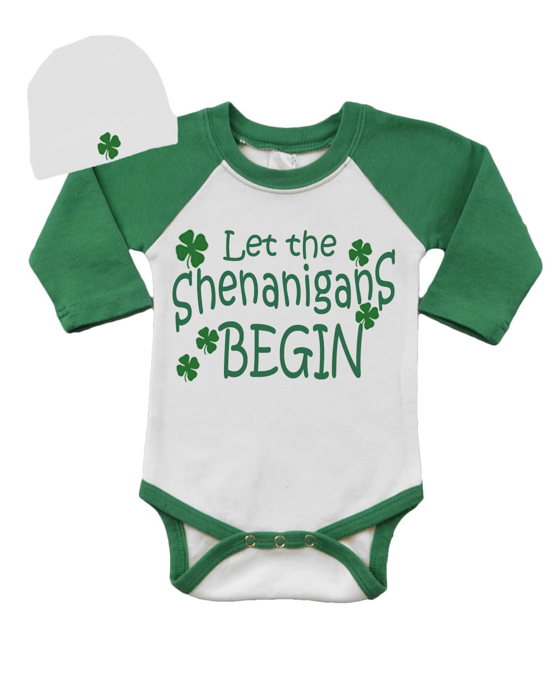 St. Patrick's Day Baby Outfit, St. Paddys Day Baby Clothes, Long Sleeve Baby Bodysuit and Cap-Let the Shenanigans begin