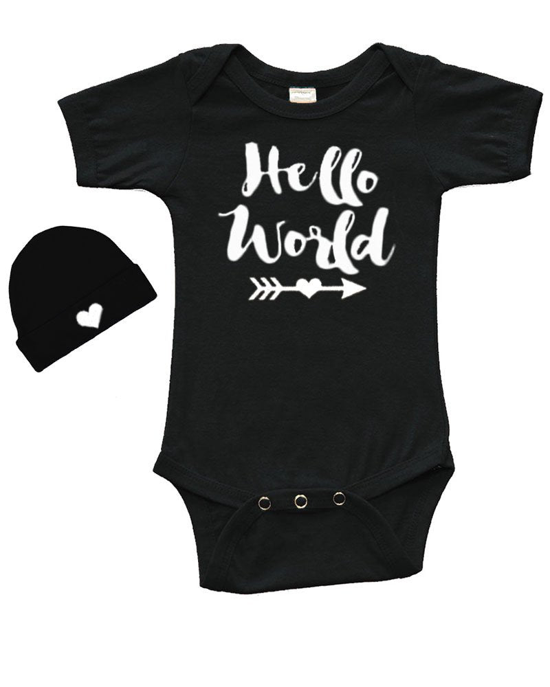 Short Sleeve Bodysuit & Cap Set - Hello World