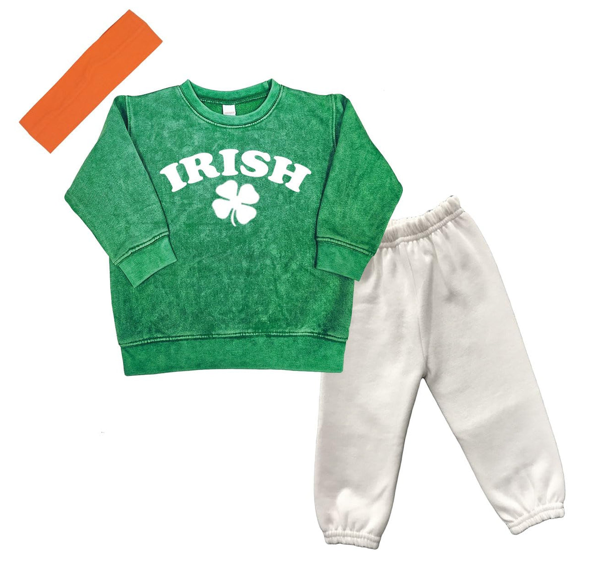 Kids Irish St. Patrick's Day Outfit Set, Infant, Toddler Boys, Girl Green Sweatshirt with White Pants, Orange Headband