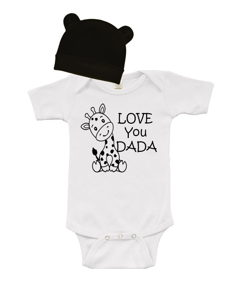 PandoraTees Love you Dada Giraffe Short Sleeve Baby Bodysuit and Cap, Infant outfit, Fathers day Gift