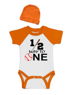 Half 1st Birthday Outfit, Short Sleeve Raglan Bodysuit with Cap, Boy, Girl