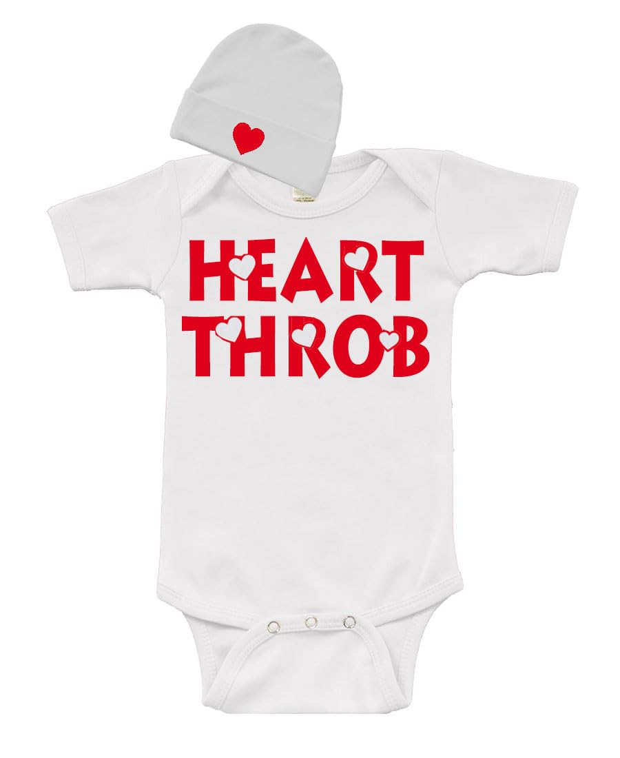 PandoraTees Heart Throb, Valentine Baby Outfit, Newborn Gift, Long Sleeve Baby Bodysuit and Cap