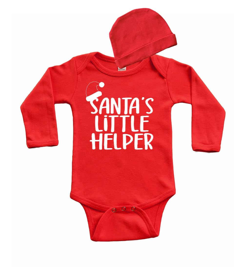 PandoraTees Santa's Little Helper Christmas Baby Bodysuit and Cap Set, Red Long Sleeve Onepiece with Matching Hat