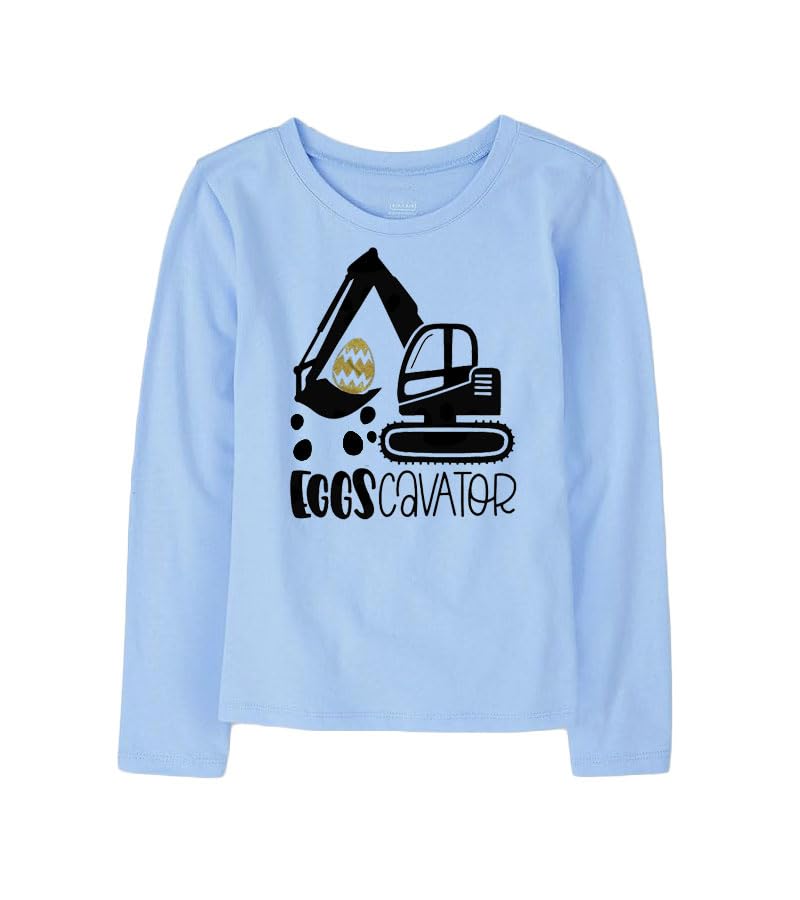 PandoraTees Kids Easter Eggscavator Construction Graphic Long Sleeve T-Shirt, Boys Easter Outfit