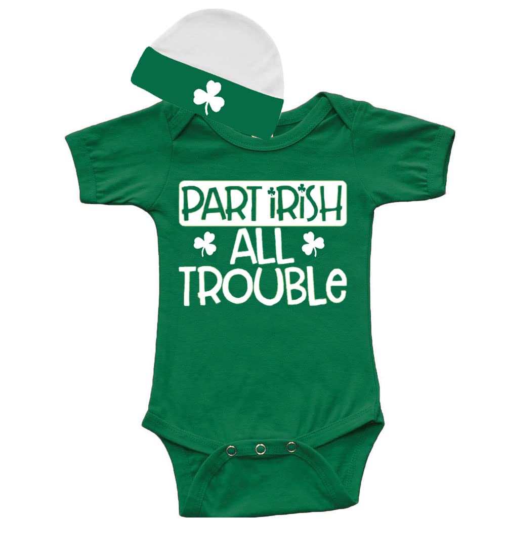 PandoraTees Funny Baby Gift Set, St. Patrick's Day Baby Bodysuit and Cap Set - Part Irish Part Trouble