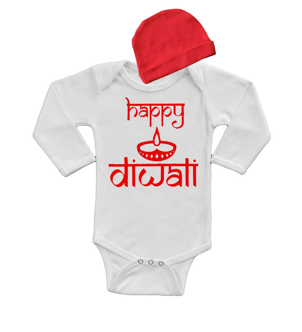PandoraTees Happy Diwali Baby Gift Set, Long Sleeve Bodysuit and Cap Newborn Diwali Gift