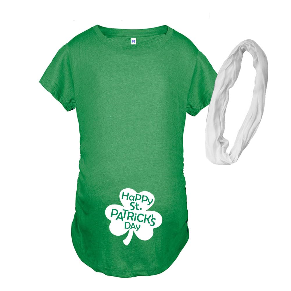 Maternity St. Patrick's Day T-Shirt with Shamrock, Happy St. Patrick's Day Short Sleeve, Includes White Scarf