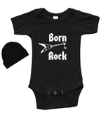 PandoraTees Infant Short Sleeve Baby Bodysuit & Cap Set -Born to Rock