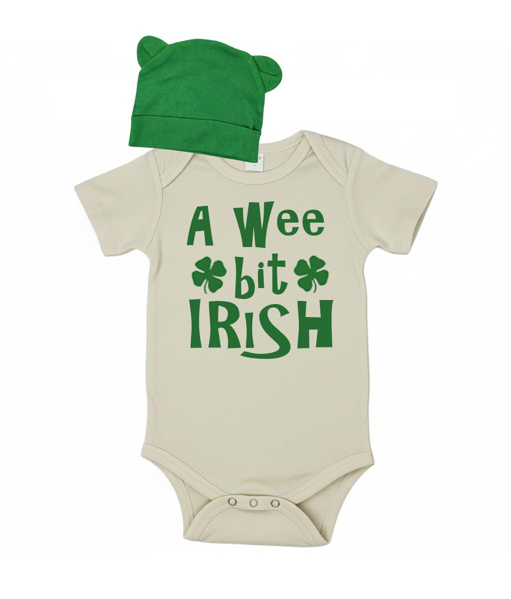PandoraTees A Wee Bit Irish Short Sleeve Baby Bodysuit with Ear Cap, St. Patrick's Day Outfit Set