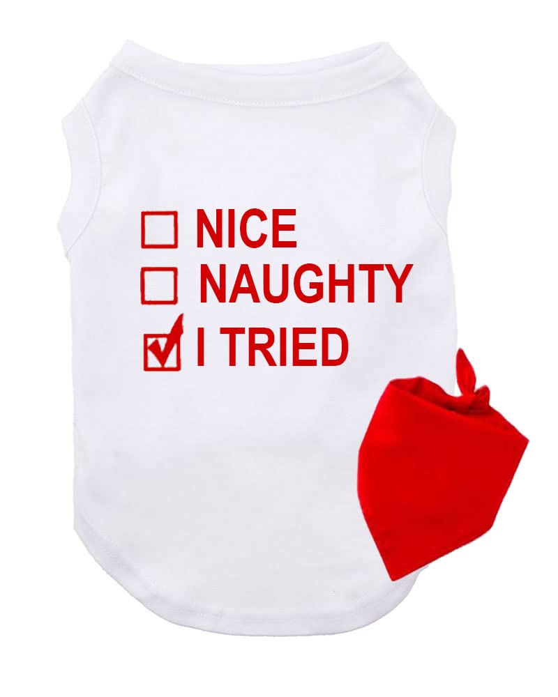 PandoraTees Christmas pet Outfit, Pet Apparel and Bandana, Dog Set -Naughty, Nice, I Tried