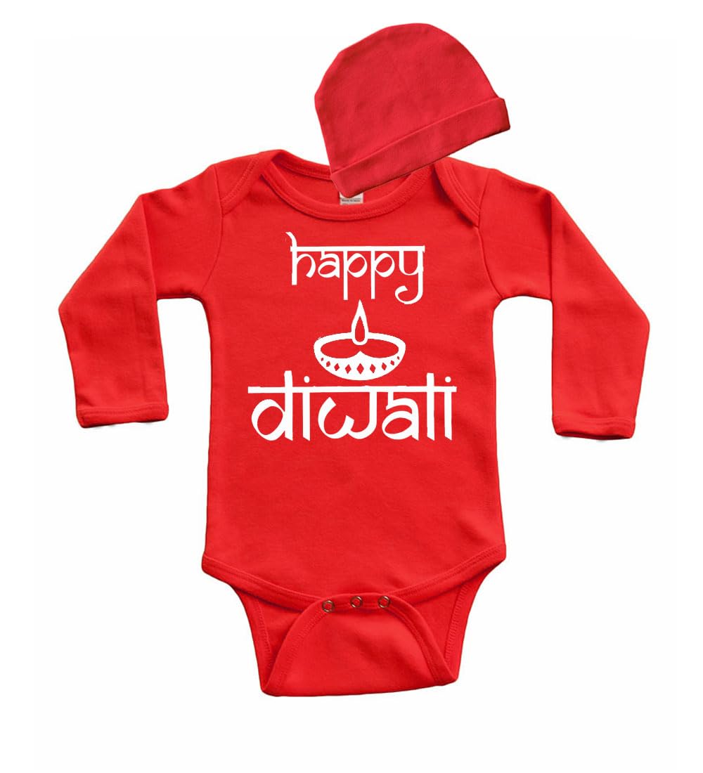 PandoraTees Happy Diwali Baby Gift Set, Long Sleeve Bodysuit and Cap Newborn Diwali Gift