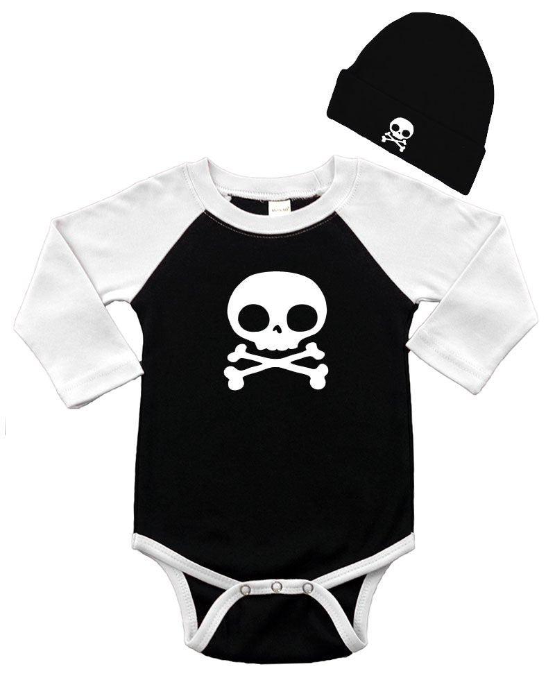 Long Sleeve Raglan Bodysuit and Cap Set - Skull