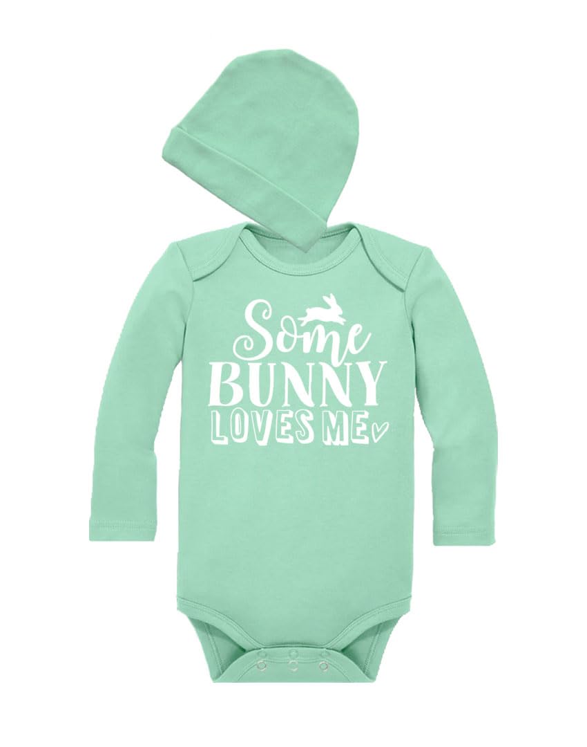 PandoraTees Long Sleeve Baby Bodysuit and Cap Set, Easter Baby Bodysuit, Some Bunny Loves Me Design