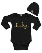 Infant Long Sleeve Onesie & Cap Set - Lucky with Gold Clover
