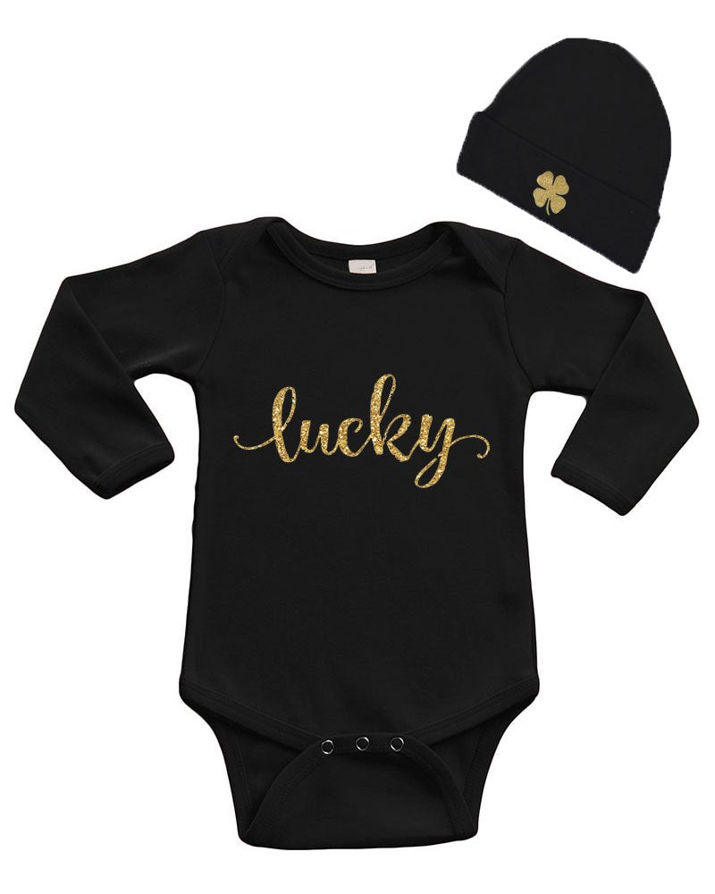 Infant Long Sleeve Onesie & Cap Set - Lucky with Gold Clover