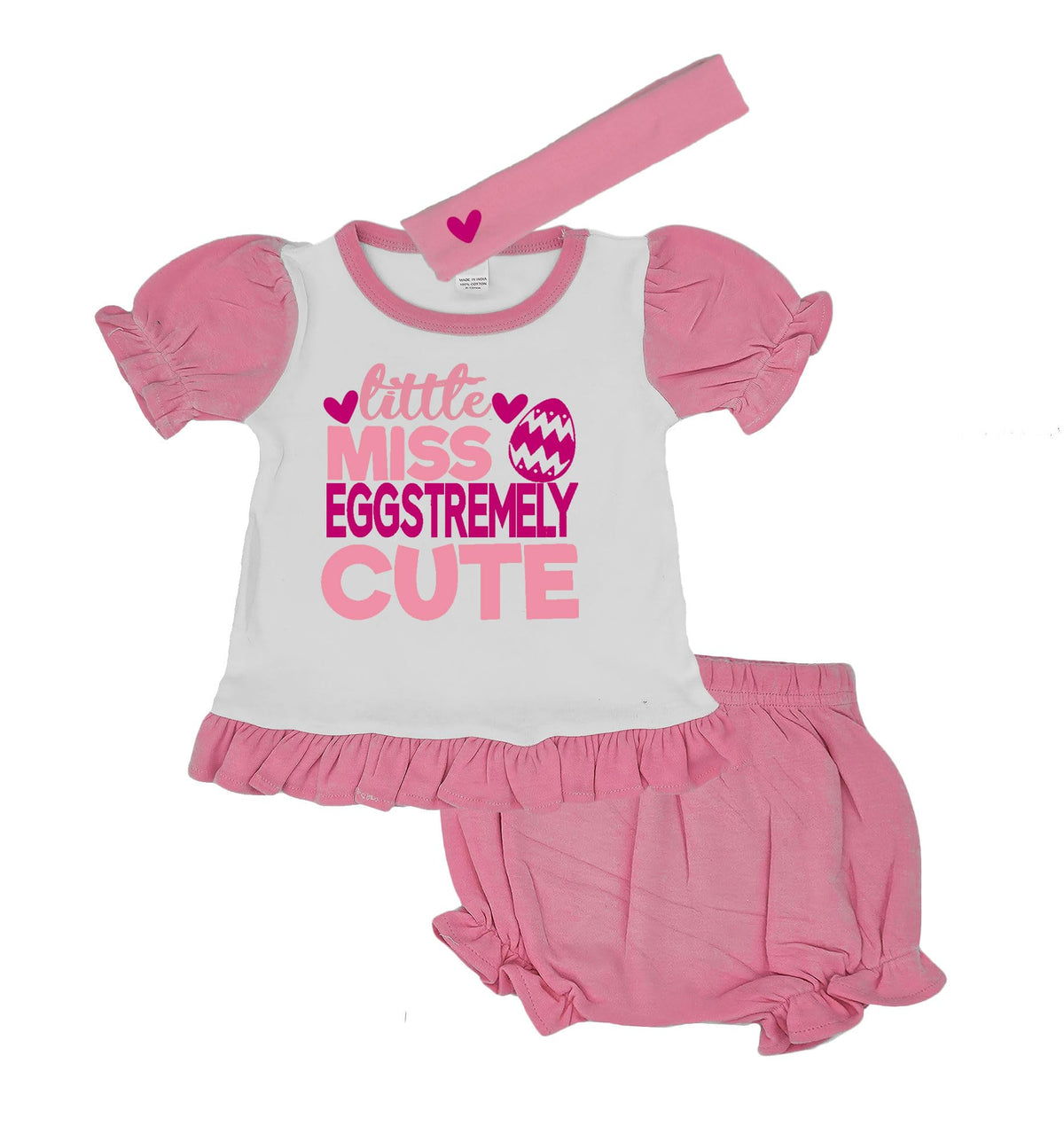 PandoraTees Baby Girl Easter 3-Piece Outfit, Pink Ruffle Top and Bloomer Set with headband, Little Miss Eggstremely Cute