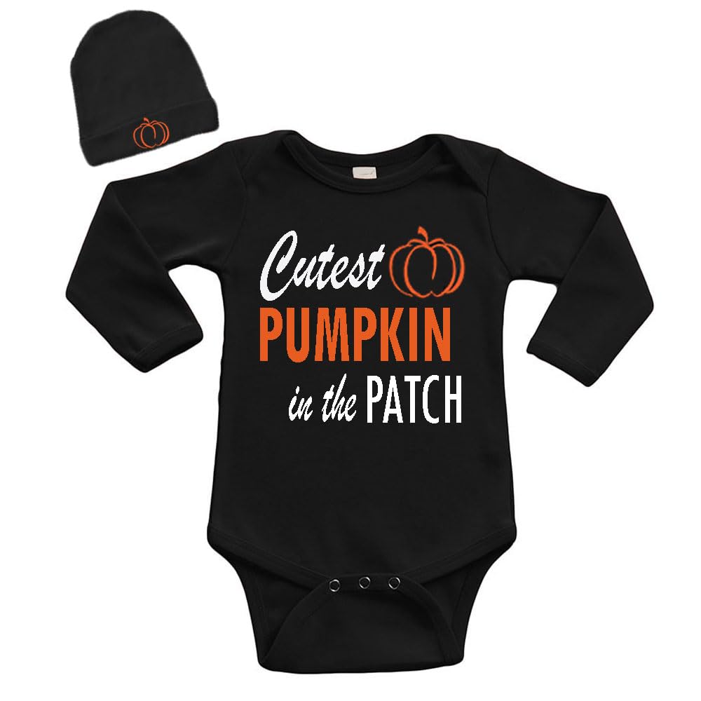 PandoraTees Cutest Pumpkin in the Patch, Long Sleeve Baby Bodysuit and Cap Set
