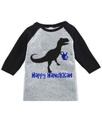 PandoraTees Raglan Hanukkah Shirt - Dinosaur with Dreidel