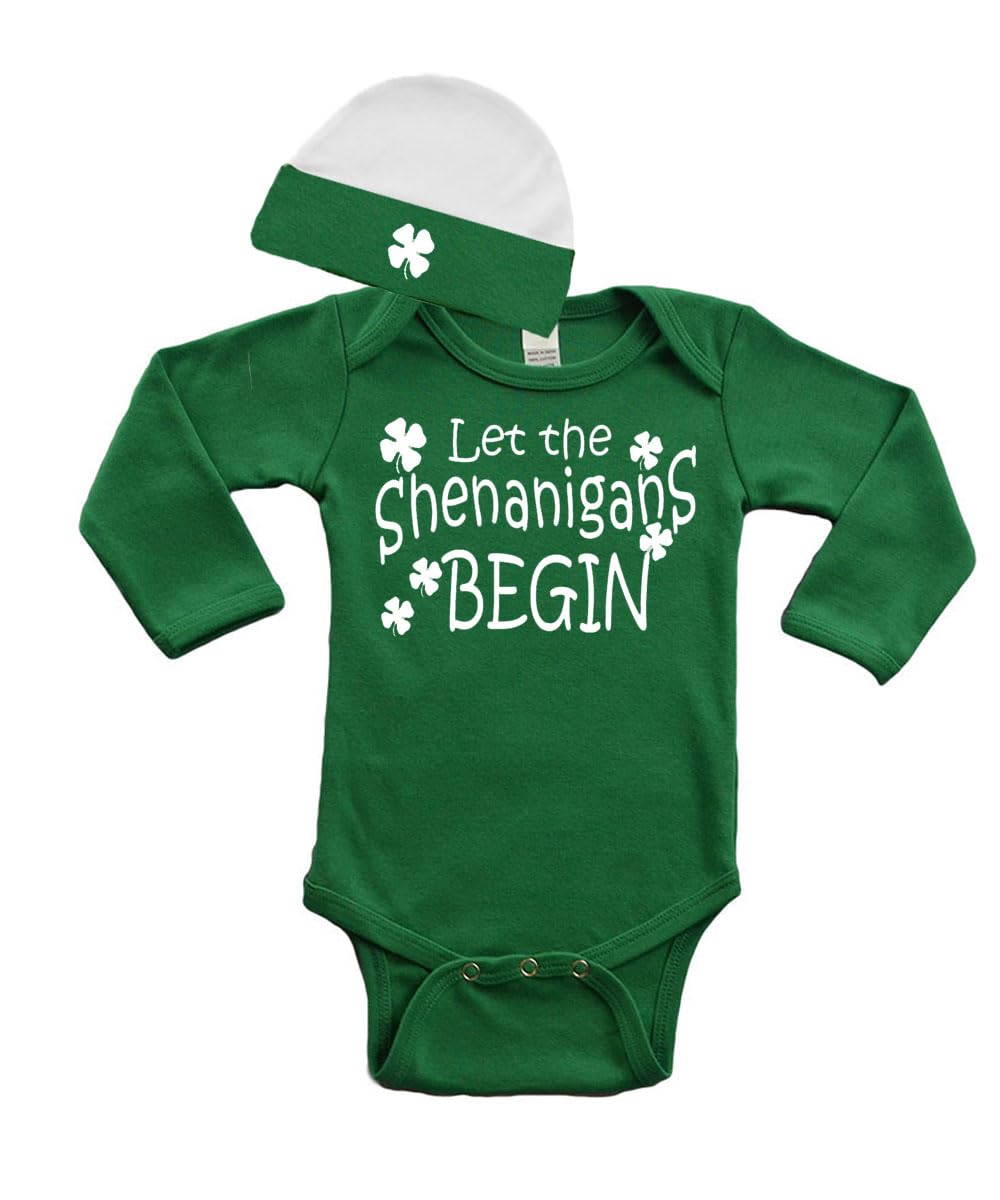 St. Patrick's Day Baby Outfit, St. Paddys Day Baby Clothes, Long Sleeve Baby Bodysuit and Cap-Let the Shenanigans begin