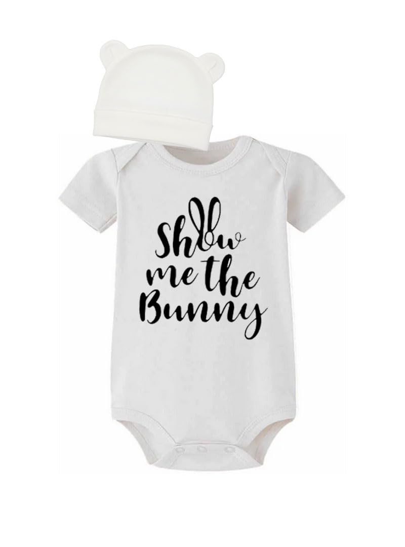 PandoraTees Show Me the Bunny Short Sleeve Baby Bodysuit with Ear Cap, Infant Easter 2-Piece Set