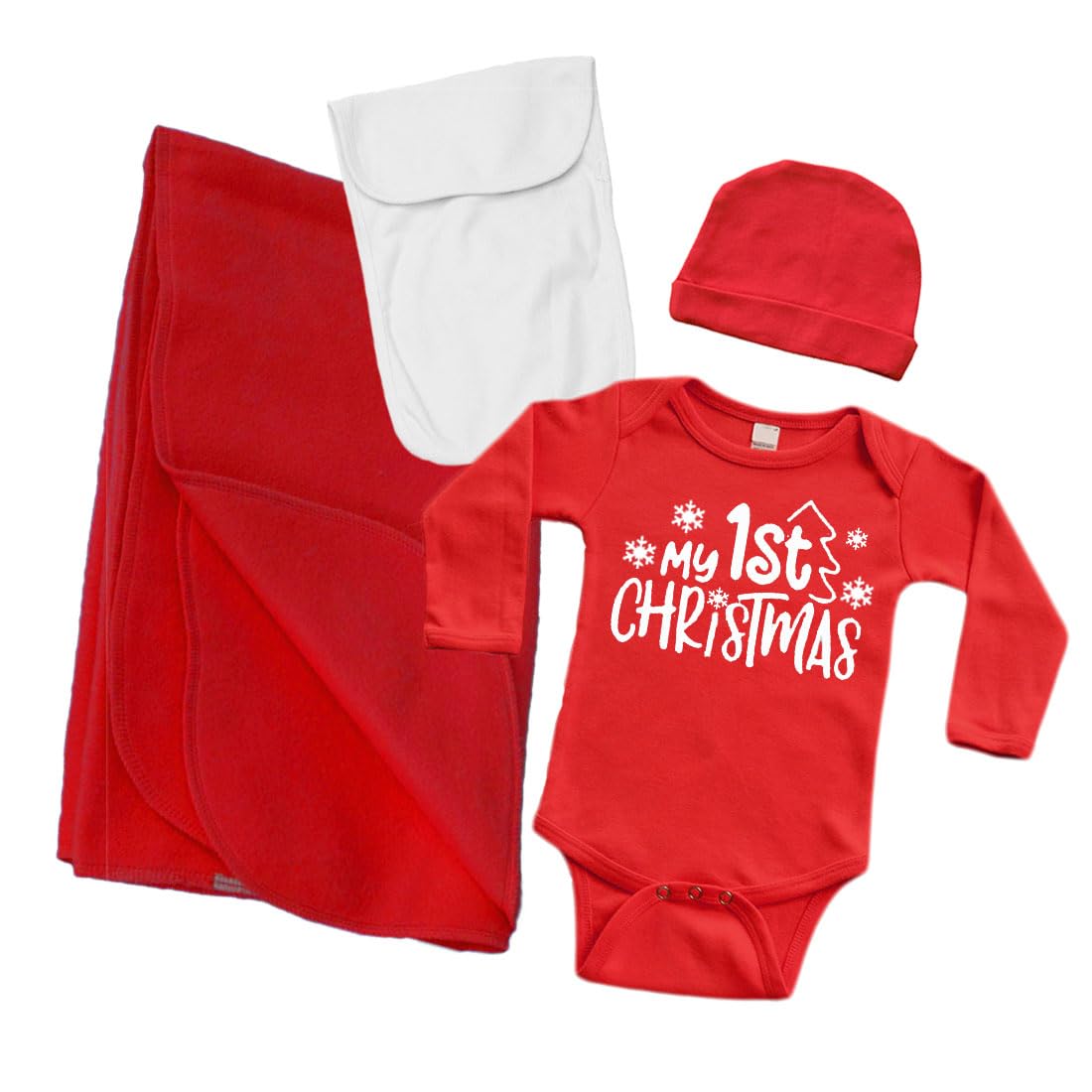 PandoraTees My 1st Christmas Baby Gift Set-Baby Bodysuit, Baby Blanket, Baby Cap, Baby Cloth, Gift Wrapped