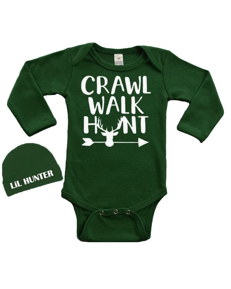 PandoraTees Crawl, Walk, Hunt Baby Bodysuit and Cap Gift Set