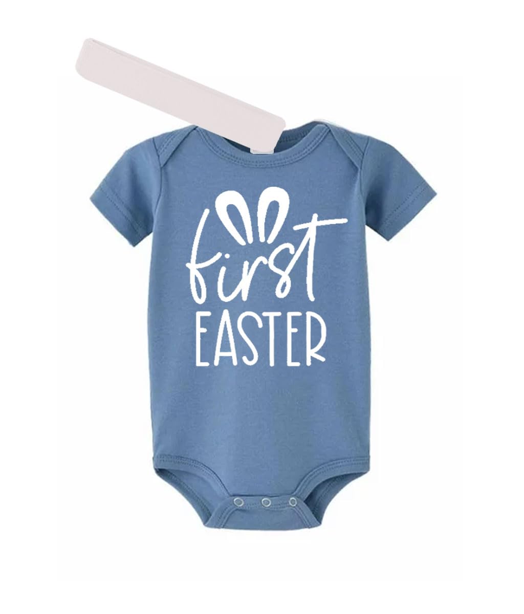 PandoraTees My First Easter Baby Bodysuit with Headband, Short Sleeve Infant One-Piece, Bunny Ears Graphic
