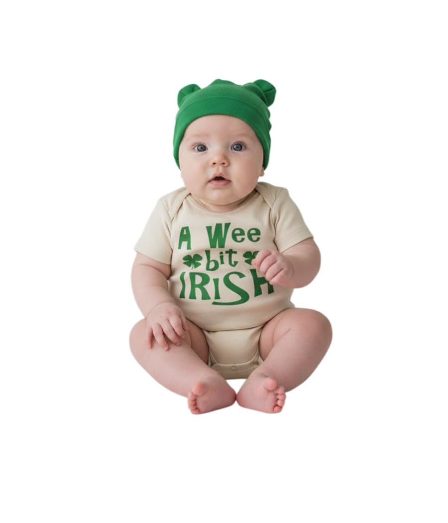 PandoraTees A Wee Bit Irish Short Sleeve Baby Bodysuit with Ear Cap, St. Patrick's Day Outfit Set