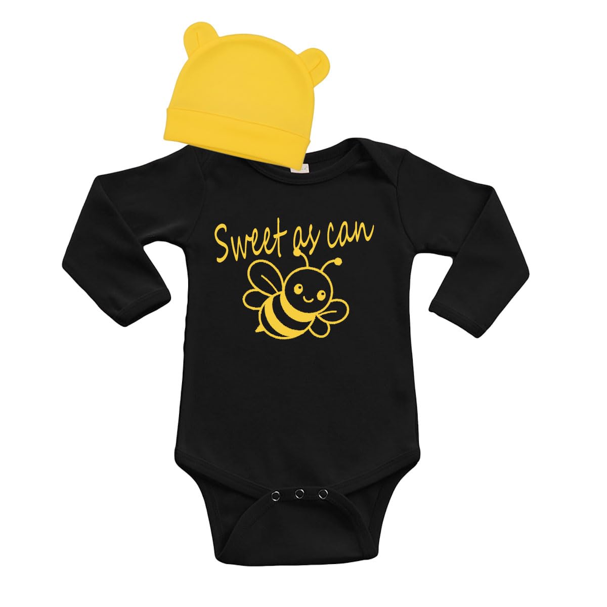 PandoraTees Sweet as Can Bee Baby Bodysuit and Hat Set