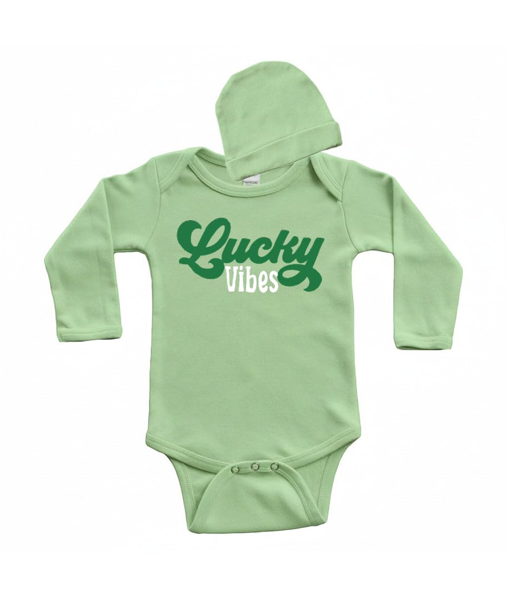 Lucky Vibes Long Sleeve Baby Bodysuit and Cap Set, St Patrick's Day Outfit