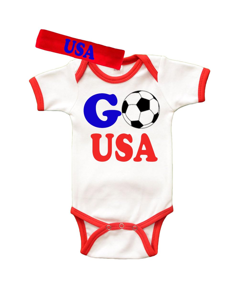 PandoraTees Go USA Soccer Baby Short Sleeve Bodysuit with Headband, Red and White, Patriotic Theme