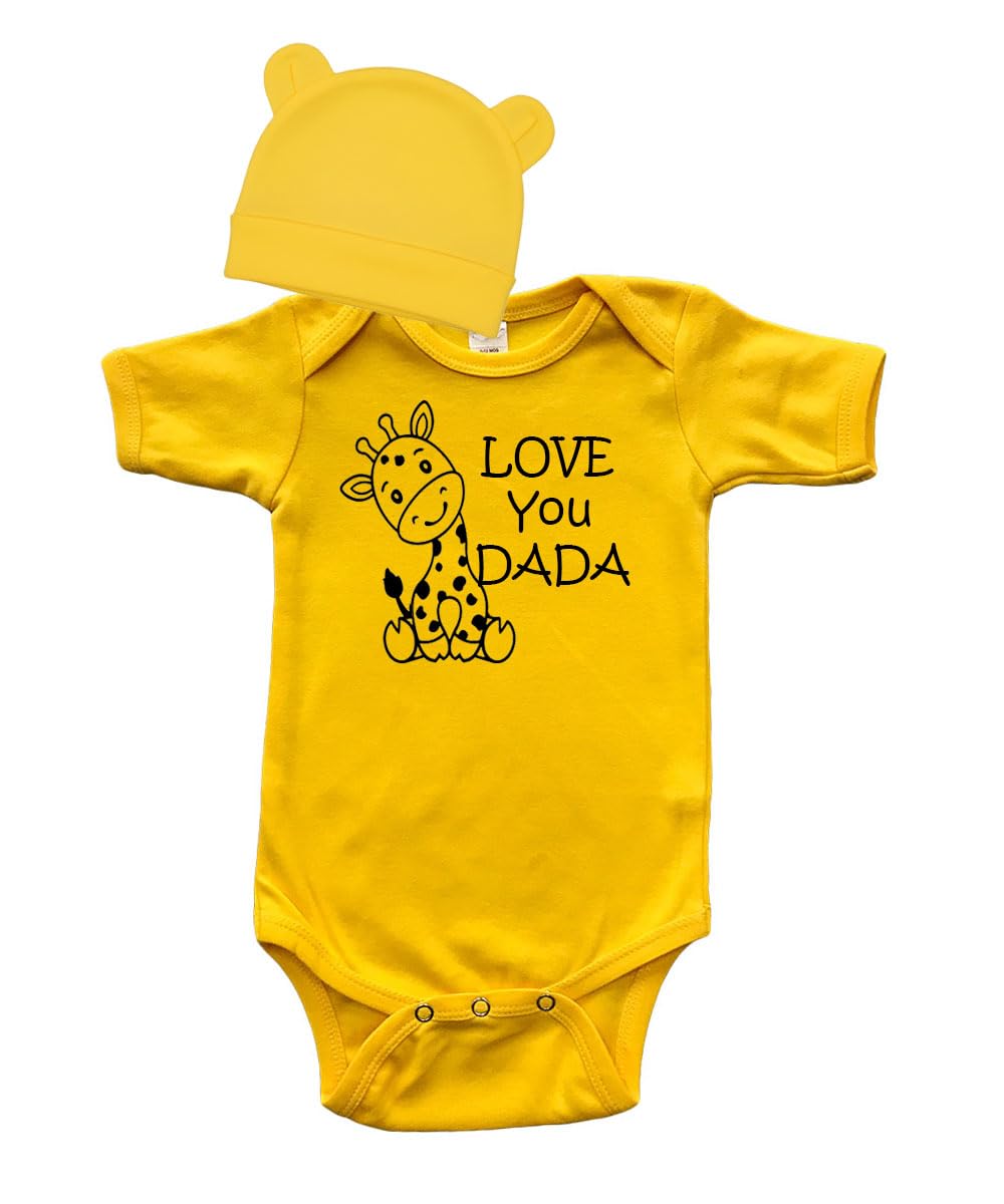 PandoraTees Love you Dada Giraffe Short Sleeve Baby Bodysuit and Cap, Infant outfit, Fathers day Gift