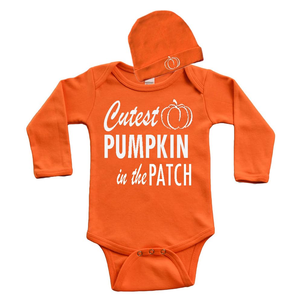 PandoraTees Cutest Pumpkin in the Patch, Long Sleeve Baby Bodysuit and Cap Set