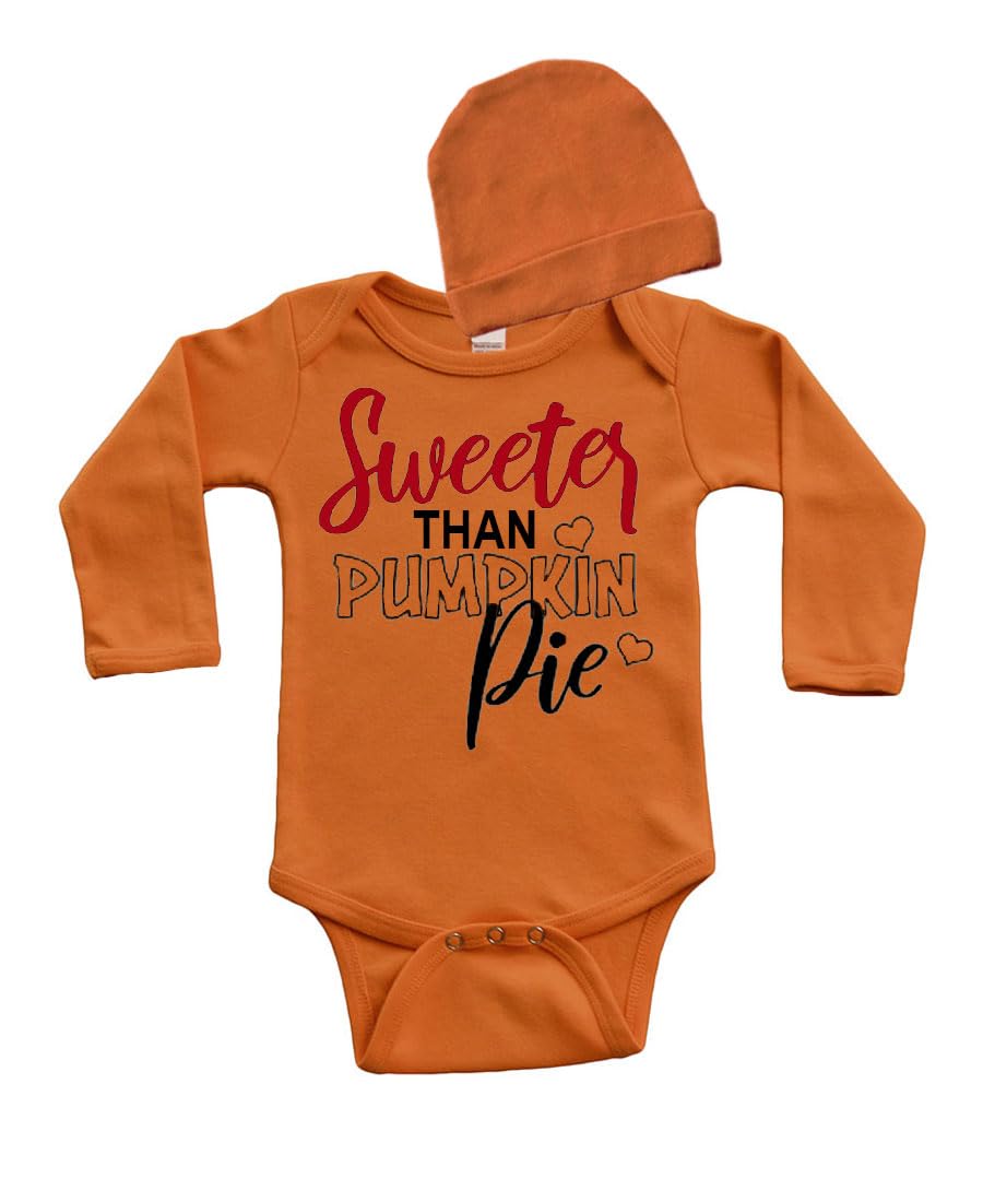 PandoraTees Sweeter Than Pumpkin Pie, Long Sleeve Baby Bodysuit and Cap Newborn Thanksgiving Outfit
