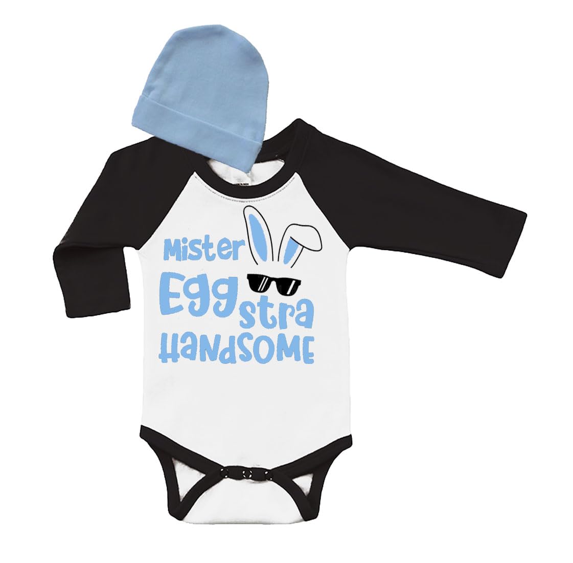 PandoraTees Baby Boy Easter Bodysuit with Hat, Mister Eggstra Handsome, Long Sleeve Raglan and Cap