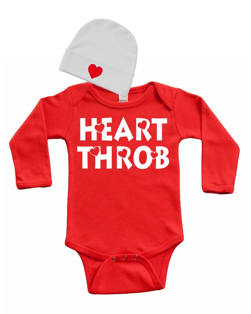 PandoraTees Heart Throb, Valentine Baby Outfit, Newborn Gift, Long Sleeve Baby Bodysuit and Cap