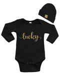 Infant Long Sleeve Onesie & Cap Set - Lucky with Gold Clover