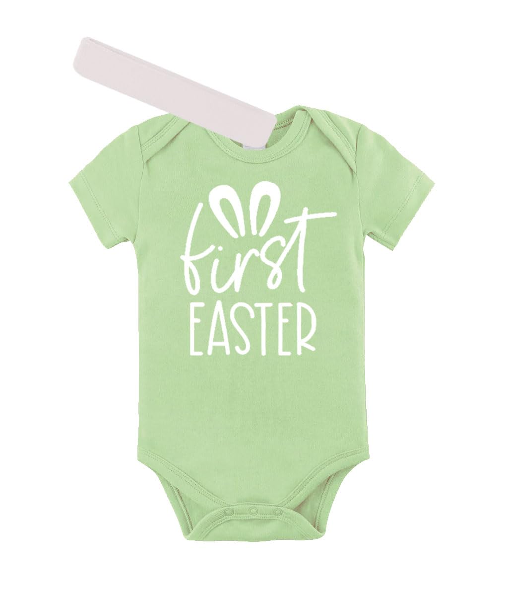 PandoraTees My First Easter Baby Bodysuit with Headband, Short Sleeve Infant One-Piece, Bunny Ears Graphic