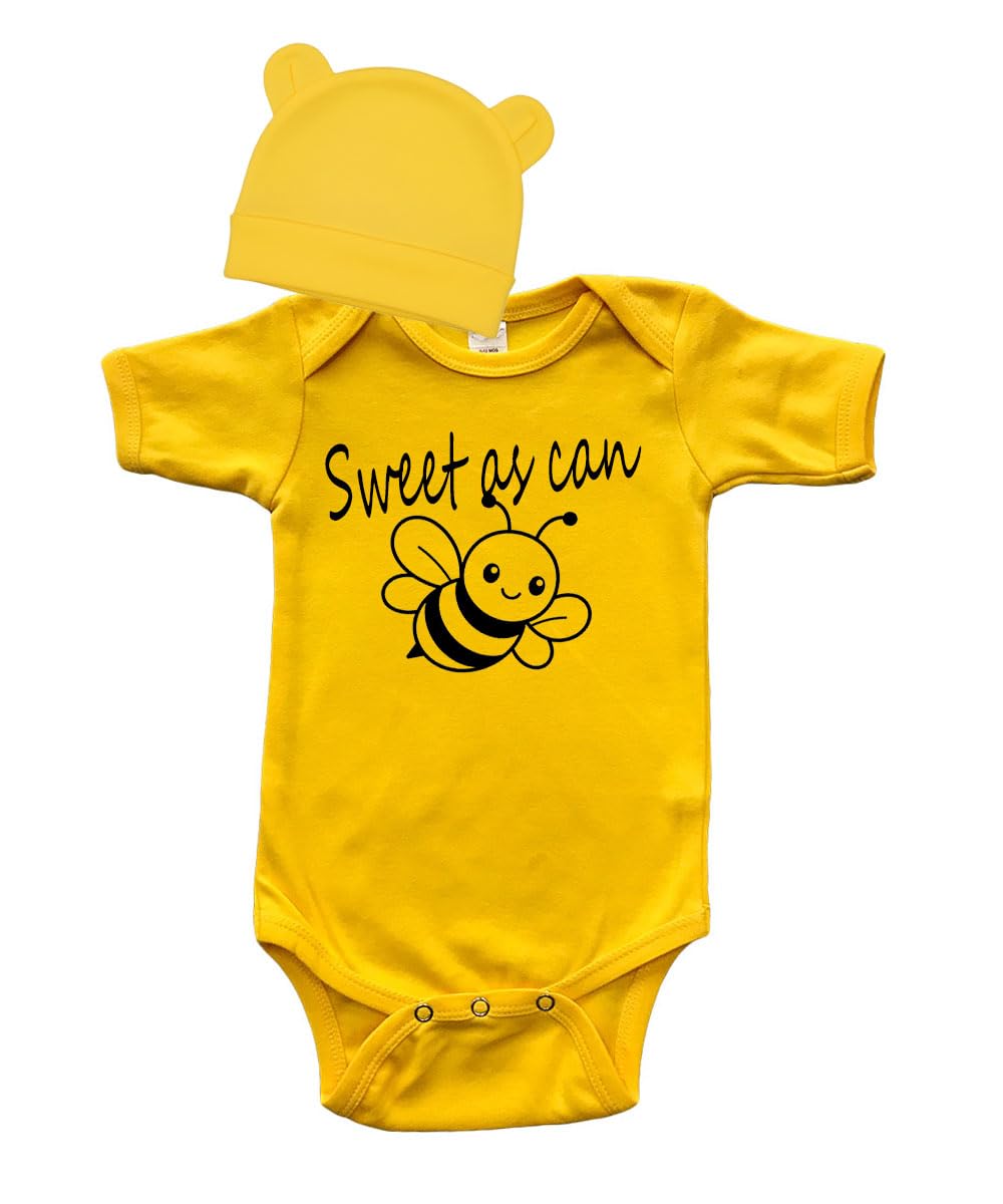 PandoraTees Sweet as Can Bee Baby Bodysuit and Hat Set