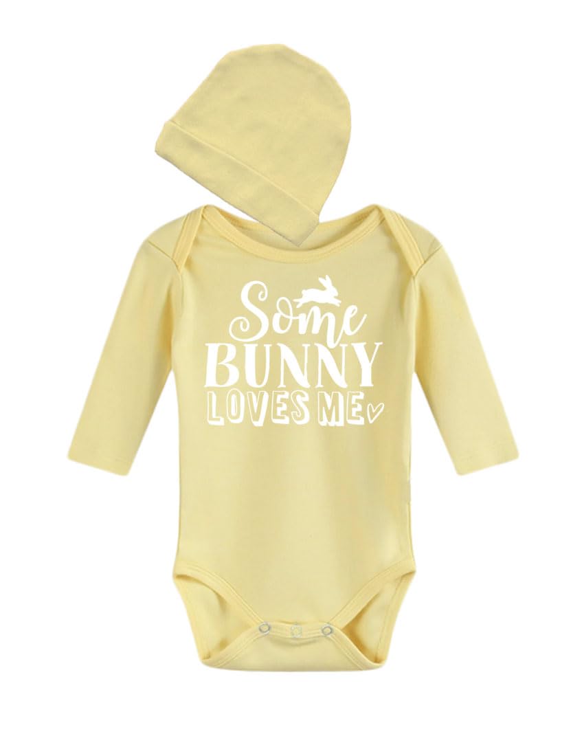 PandoraTees Long Sleeve Baby Bodysuit and Cap Set, Easter Baby Bodysuit, Some Bunny Loves Me Design