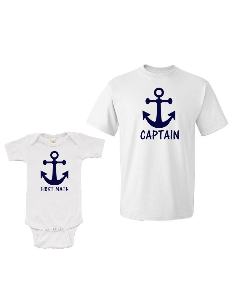 Father Son Matching Outfit - Captain/First Mate - Short Sleeve Bodysuit & Adult Unisex T-Shirt