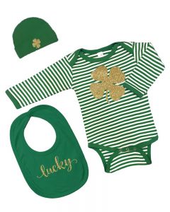 St. Patricks Day Baby Gift Set - Bodysuit, Cap, Bib - Lucky  Clover