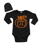 PandoraTees Funny Pumpkin Pi Math Baby Outfit, Long Sleeve Baby Bodysuit with Cap (Black, 6-12 Months)